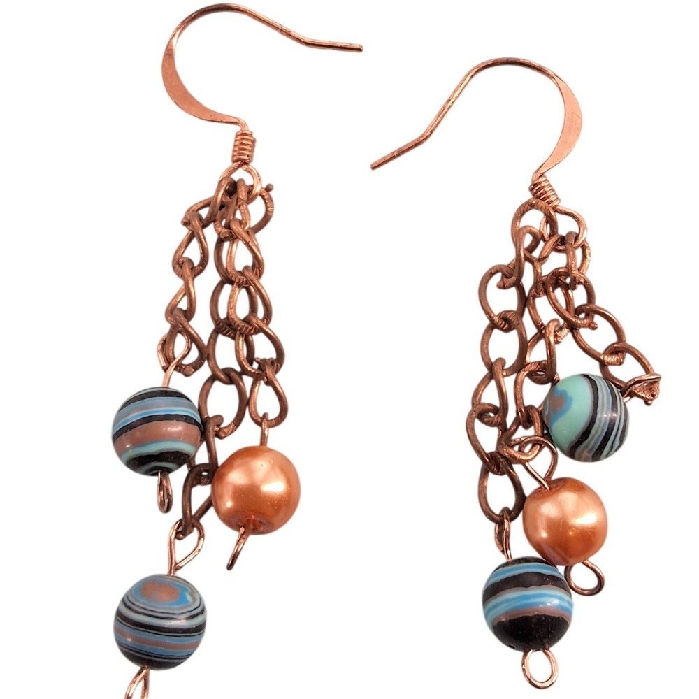Artisan Copper Dangle Earrings | Multi-Color Beaded‎ Drops